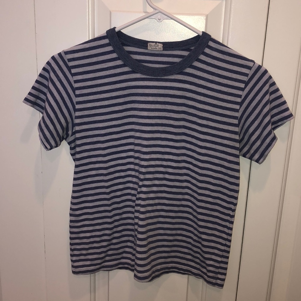 A blue and white stripped short sleeve T-shirt